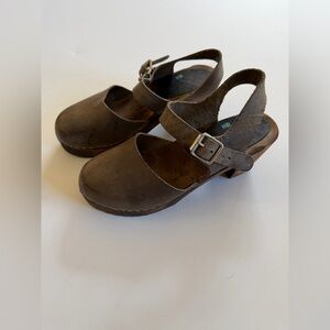 Lotta From Stockholm Brown Leather Wooden Clogs Mary Jane Strap Size 37